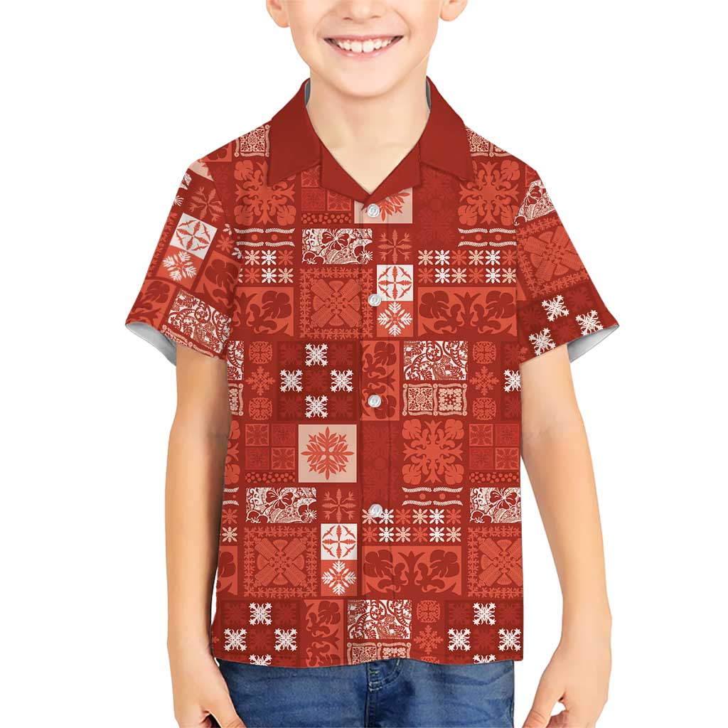 Vintage Hawaiian Quilting Patterns Family Matching Short Sleeve Bodycon Dress and Hawaiian Shirt Red Style Tribal Fabric Patchwork - Polynesian Pride