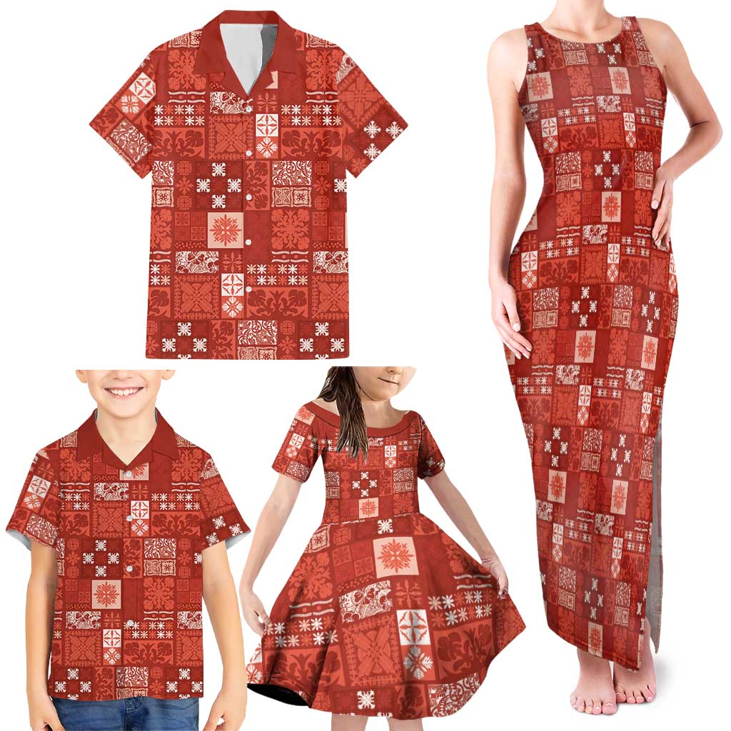 Vintage Hawaiian Quilting Patterns Family Matching Tank Maxi Dress and Hawaiian Shirt Red Style Tribal Fabric Patchwork - Polynesian Pride