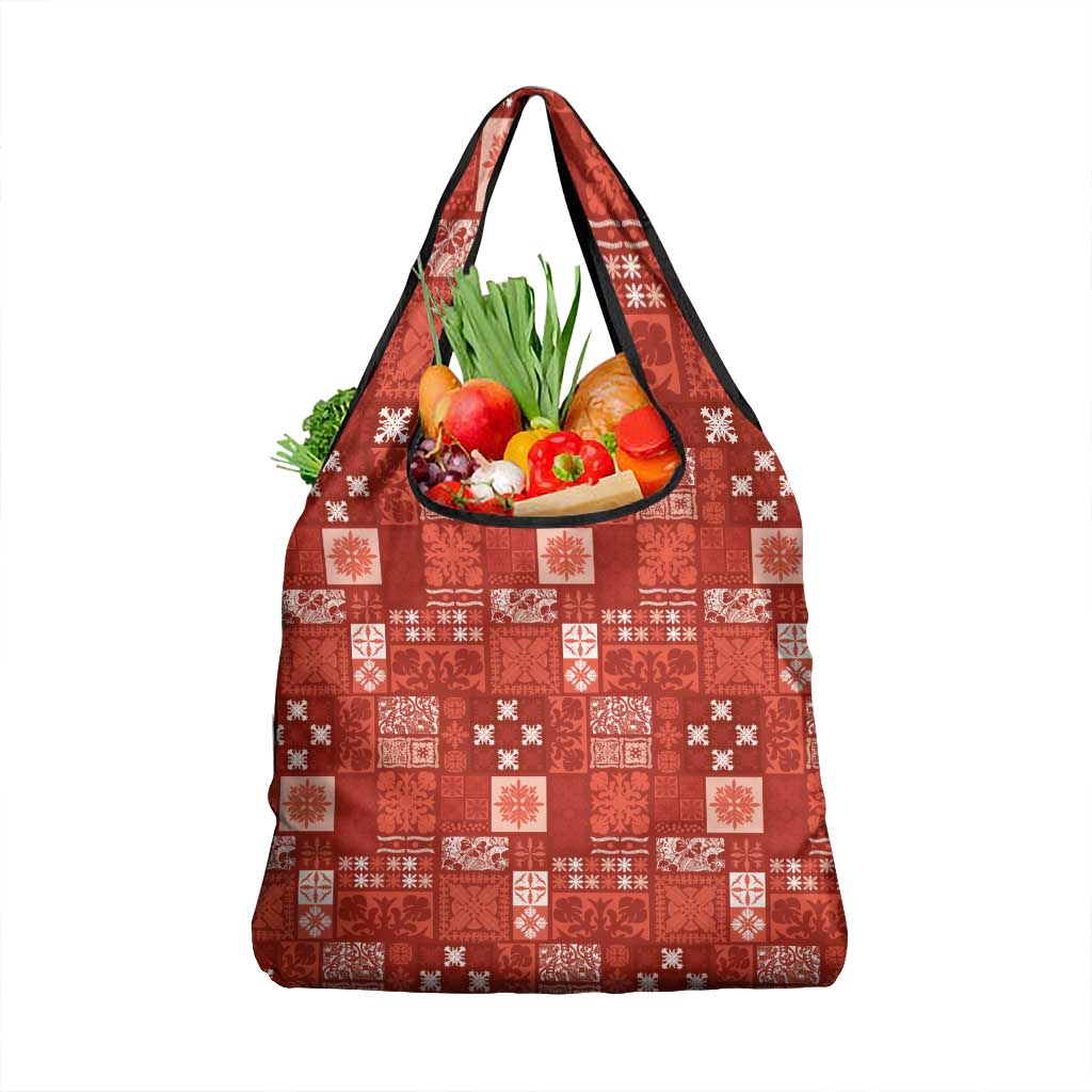 Vintage Hawaiian Quilting Patterns Grocery Bag Red Style Tribal Fabric Patchwork - Polynesian Pride