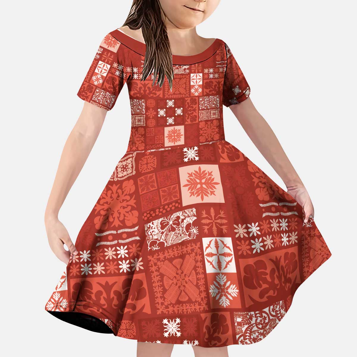 Vintage Hawaiian Quilting Patterns Kid Short Sleeve Dress Red Style Tribal Fabric Patchwork - Polynesian Pride