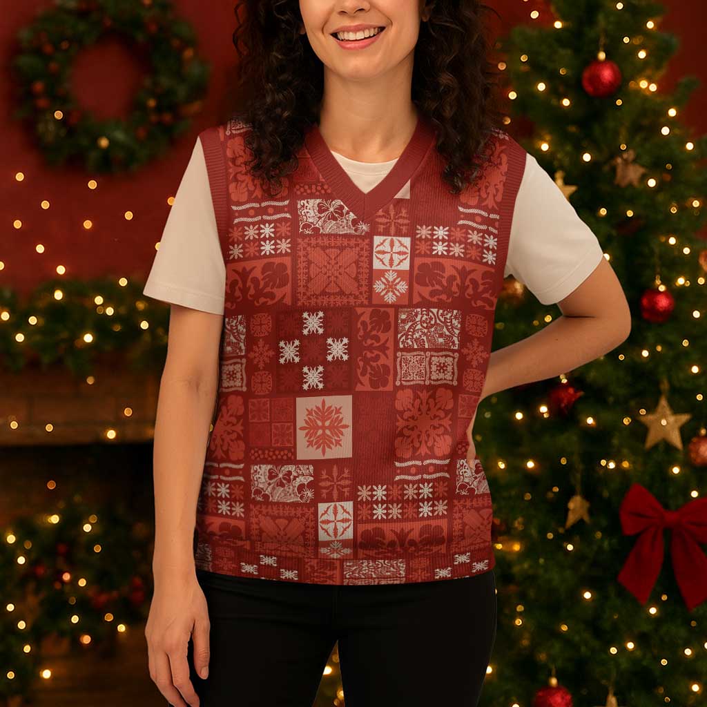 Vintage Hawaiian Quilting Patterns Christmas Knitted V-Neck Vest Red Style Tribal Fabric Patchwork - Polynesian Pride
