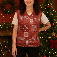 Vintage Hawaiian Quilting Patterns Christmas Knitted V-Neck Vest Red Style Tribal Fabric Patchwork - Polynesian Pride