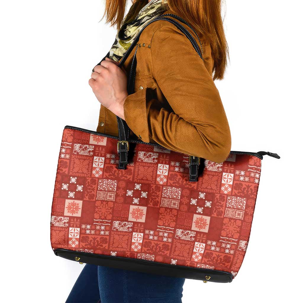 Vintage Hawaiian Quilting Patterns Leather Tote Bag Red Style Tribal Fabric Patchwork - Polynesian Pride