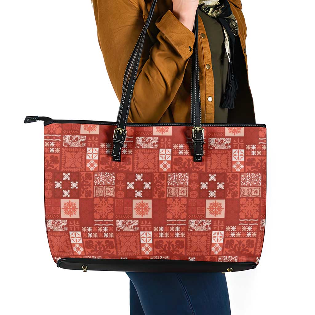 Vintage Hawaiian Quilting Patterns Leather Tote Bag Red Style Tribal Fabric Patchwork - Polynesian Pride