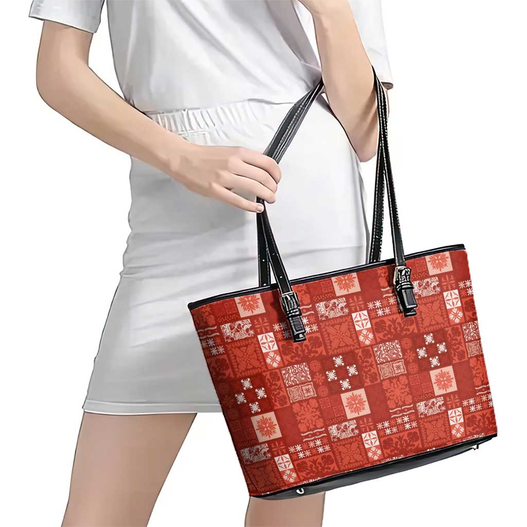 Vintage Hawaiian Quilting Patterns Leather Tote Bag Red Style Tribal Fabric Patchwork - Polynesian Pride