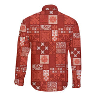 Vintage Hawaiian Quilting Patterns Long Sleeve Button Shirt Red Style Tribal Fabric Patchwork - Polynesian Pride