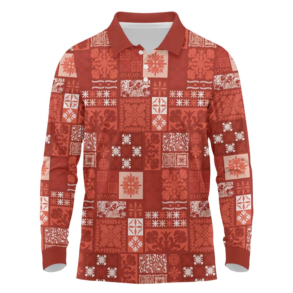 Vintage Hawaiian Quilting Patterns Long Sleeve Polo Shirt Red Style Tribal Fabric Patchwork - Polynesian Pride