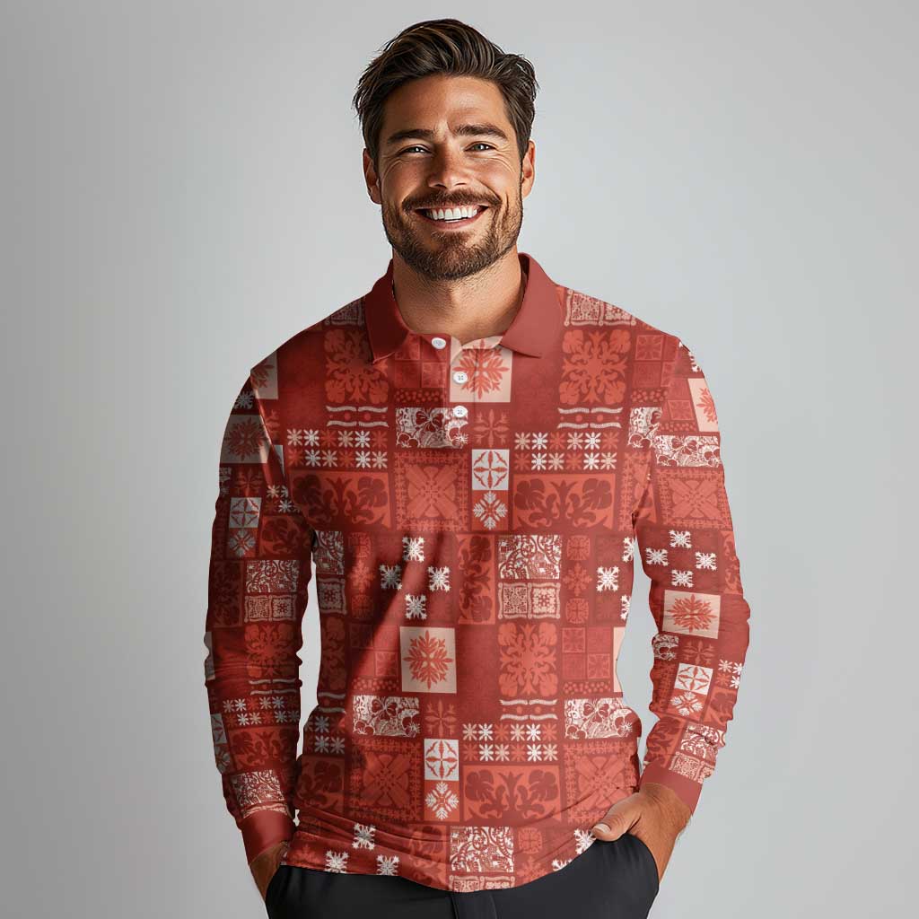 Vintage Hawaiian Quilting Patterns Long Sleeve Polo Shirt Red Style Tribal Fabric Patchwork - Polynesian Pride