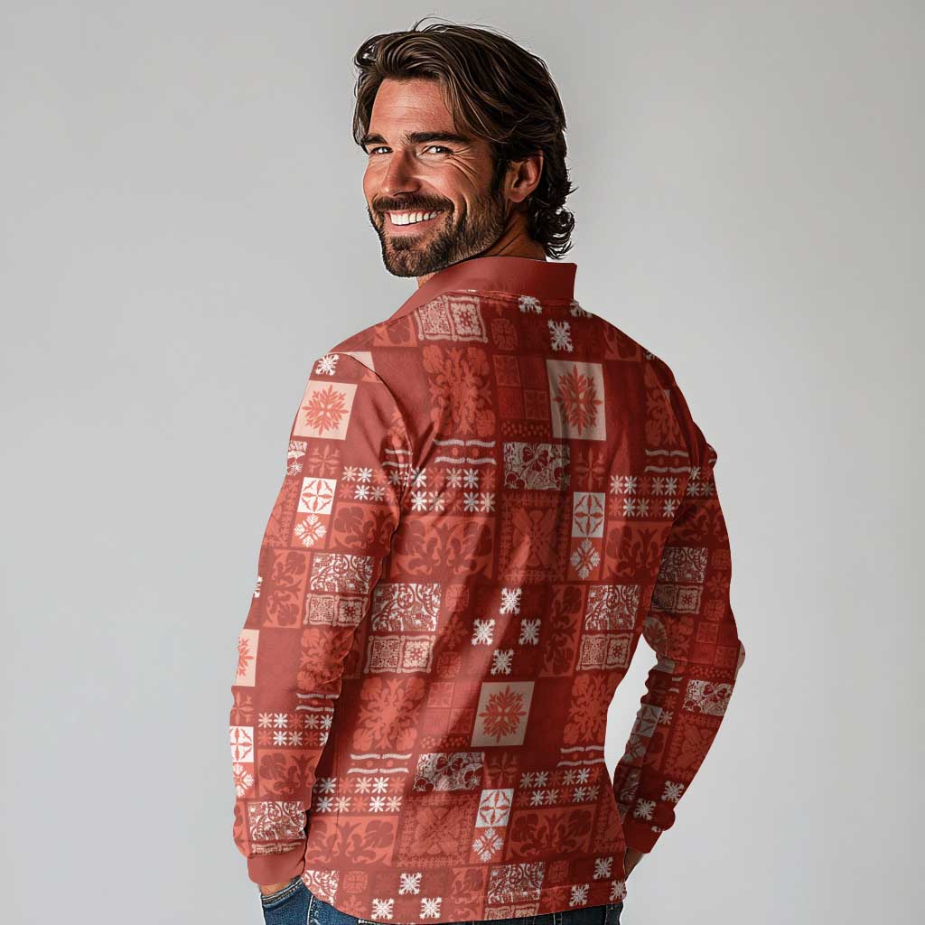 Vintage Hawaiian Quilting Patterns Long Sleeve Polo Shirt Red Style Tribal Fabric Patchwork - Polynesian Pride