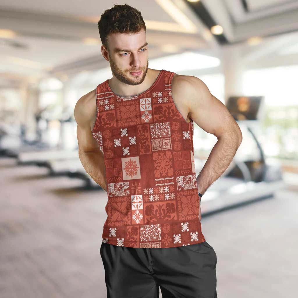 Vintage Hawaiian Quilting Patterns Men Tank Top Red Style Tribal Fabric Patchwork - Polynesian Pride