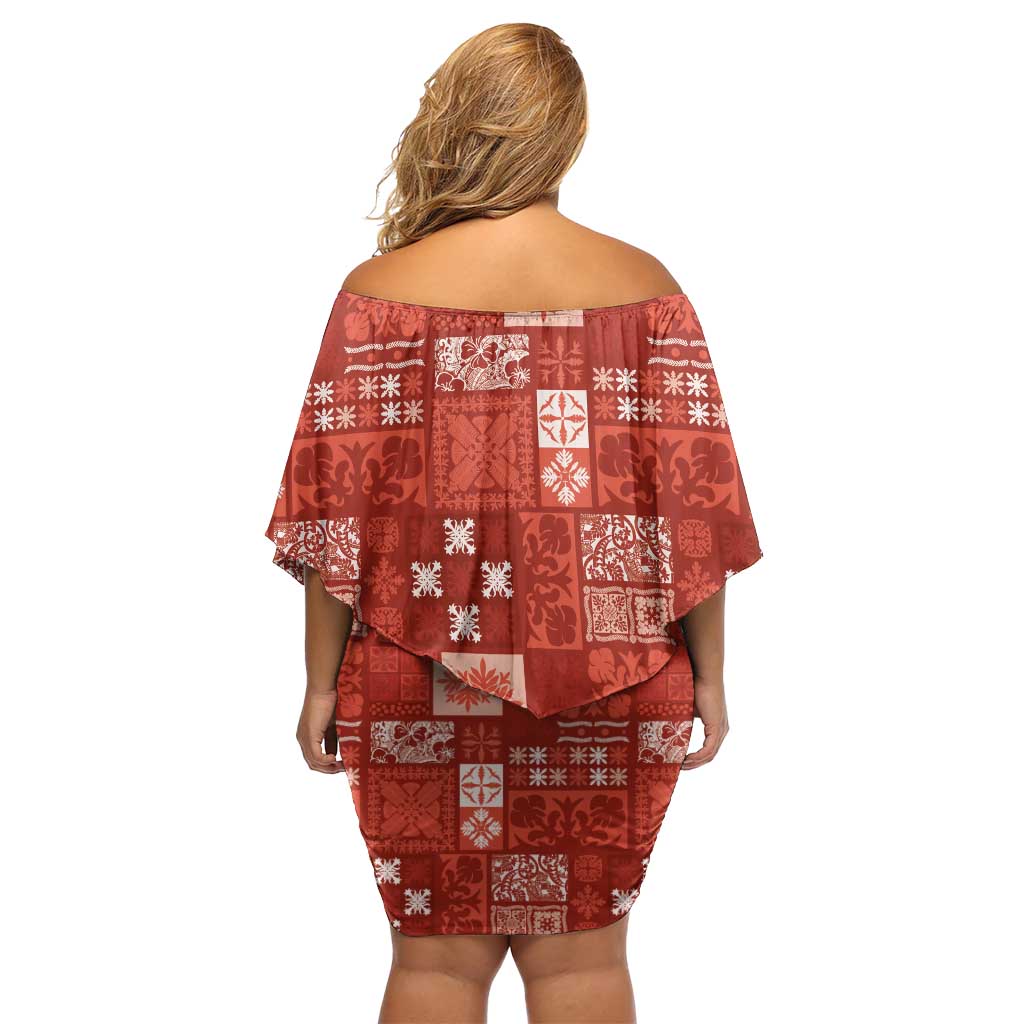 Vintage Hawaiian Quilting Patterns Off Shoulder Short Dress Red Style Tribal Fabric Patchwork - Polynesian Pride