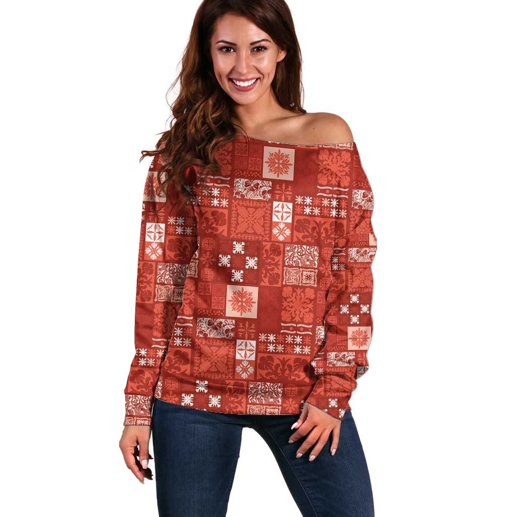 Vintage Hawaiian Quilting Patterns Off Shoulder Sweater Red Style Tribal Fabric Patchwork - Polynesian Pride