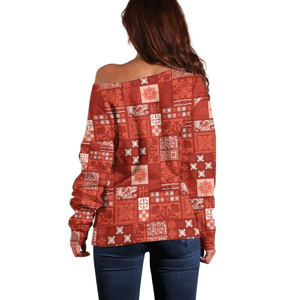 Vintage Hawaiian Quilting Patterns Off Shoulder Sweater Red Style Tribal Fabric Patchwork - Polynesian Pride