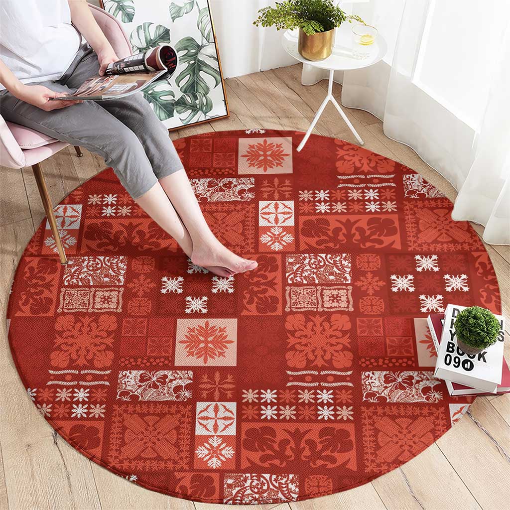 Vintage Hawaiian Quilting Patterns Round Carpet Red Style Tribal Fabric Patchwork - Polynesian Pride
