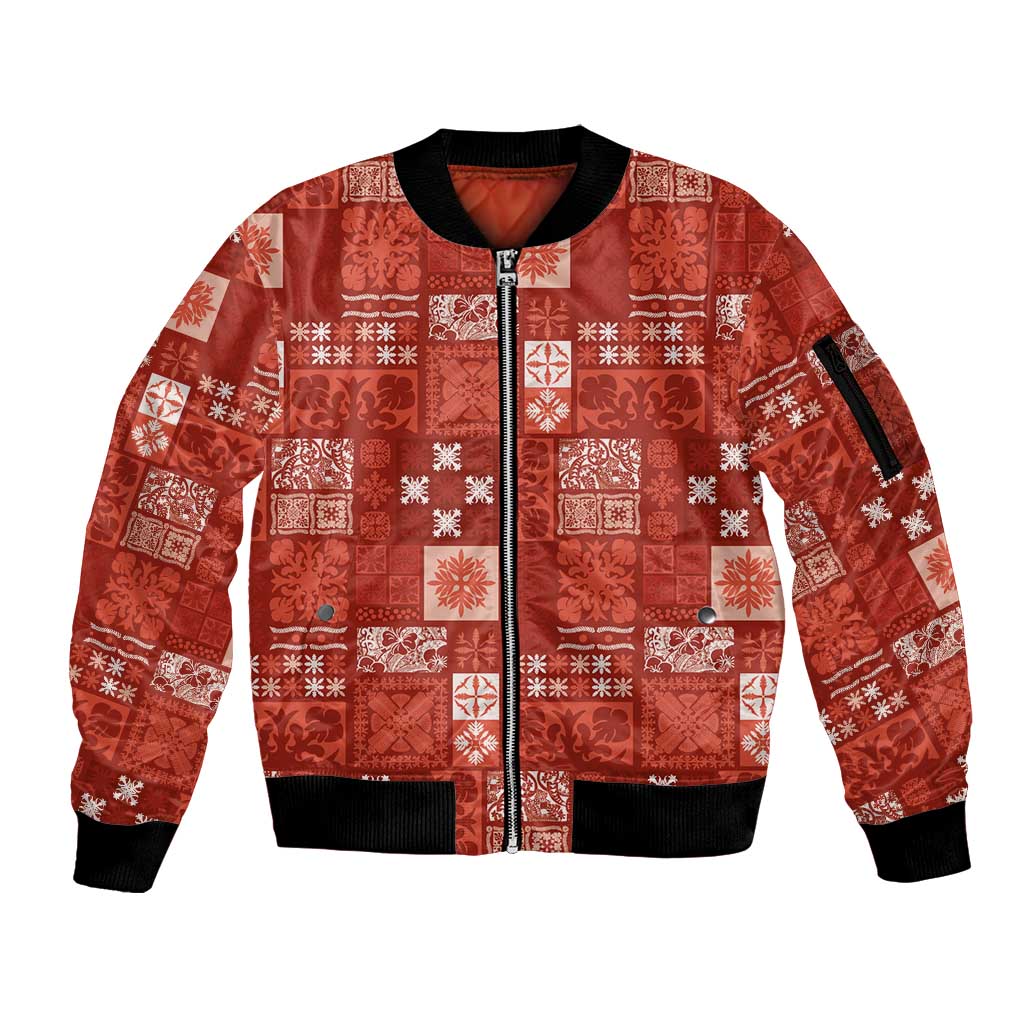 Vintage Hawaiian Quilting Patterns Sleeve Zip Bomber Jacket Red Style Tribal Fabric Patchwork - Polynesian Pride