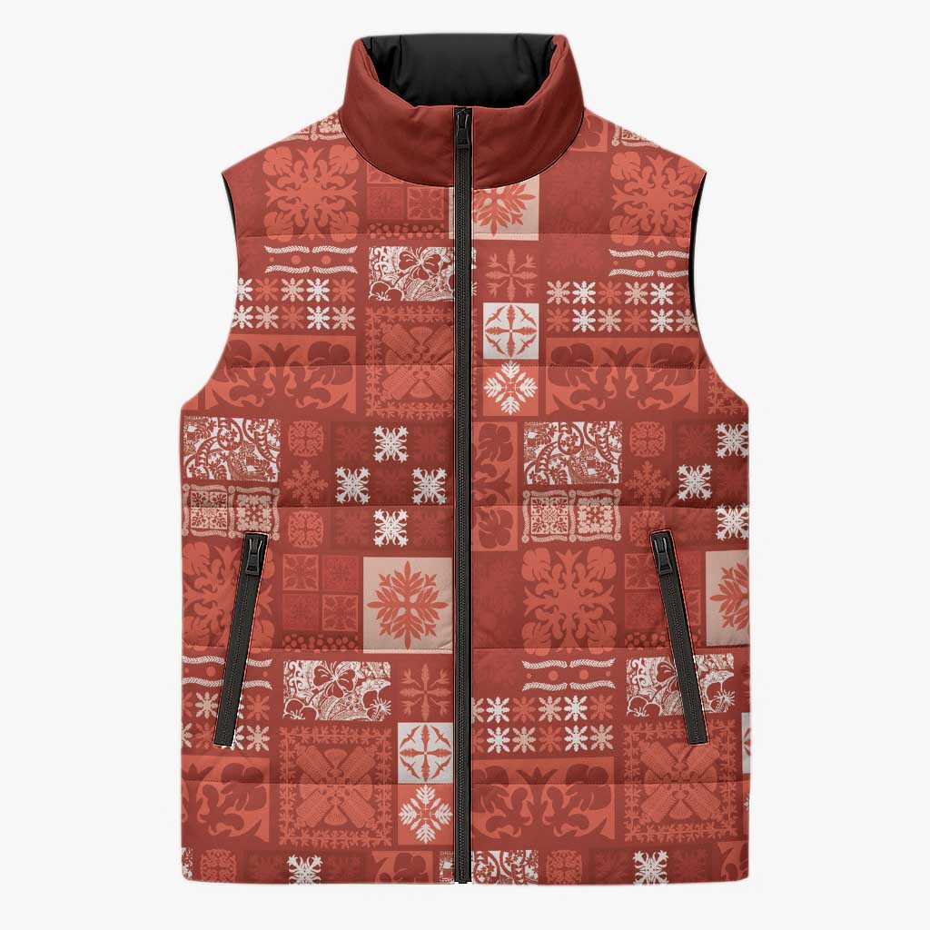 Vintage Hawaiian Quilting Patterns Sleeveless Puffer Jacket Red Style Tribal Fabric Patchwork - Polynesian Pride
