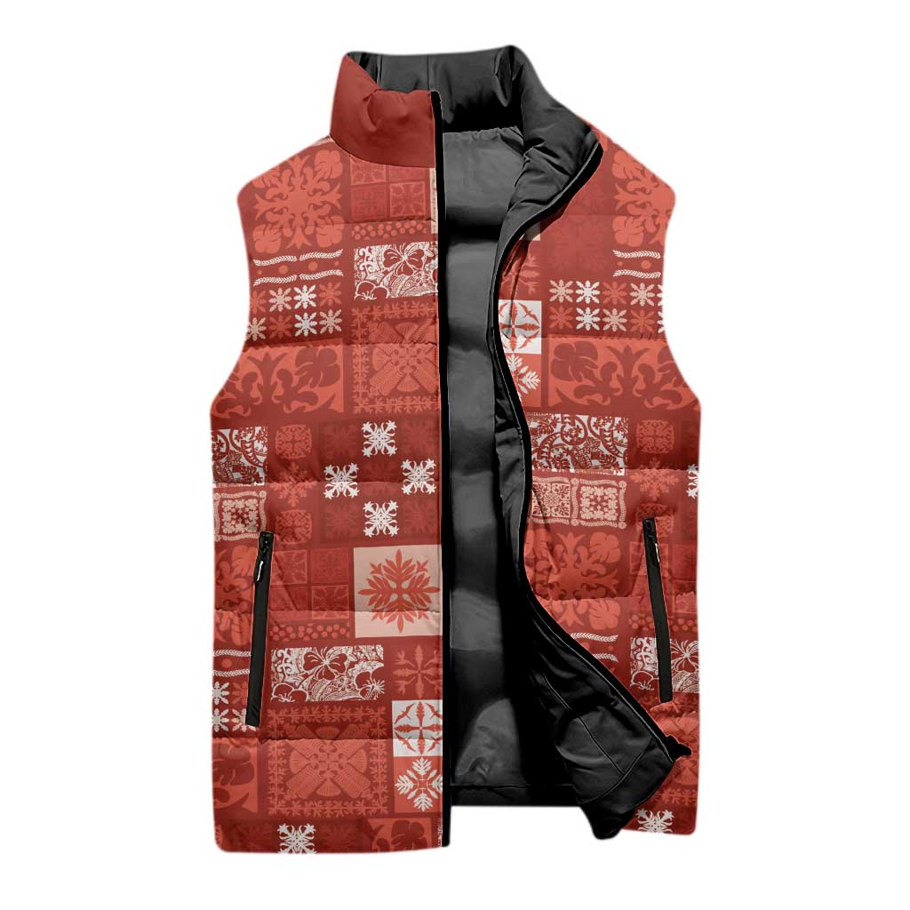 Vintage Hawaiian Quilting Patterns Sleeveless Puffer Jacket Red Style Tribal Fabric Patchwork - Polynesian Pride