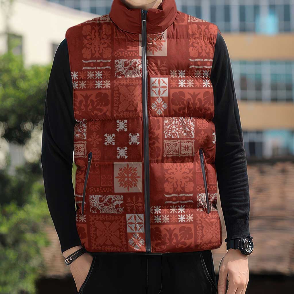 Vintage Hawaiian Quilting Patterns Sleeveless Puffer Jacket Red Style Tribal Fabric Patchwork - Polynesian Pride