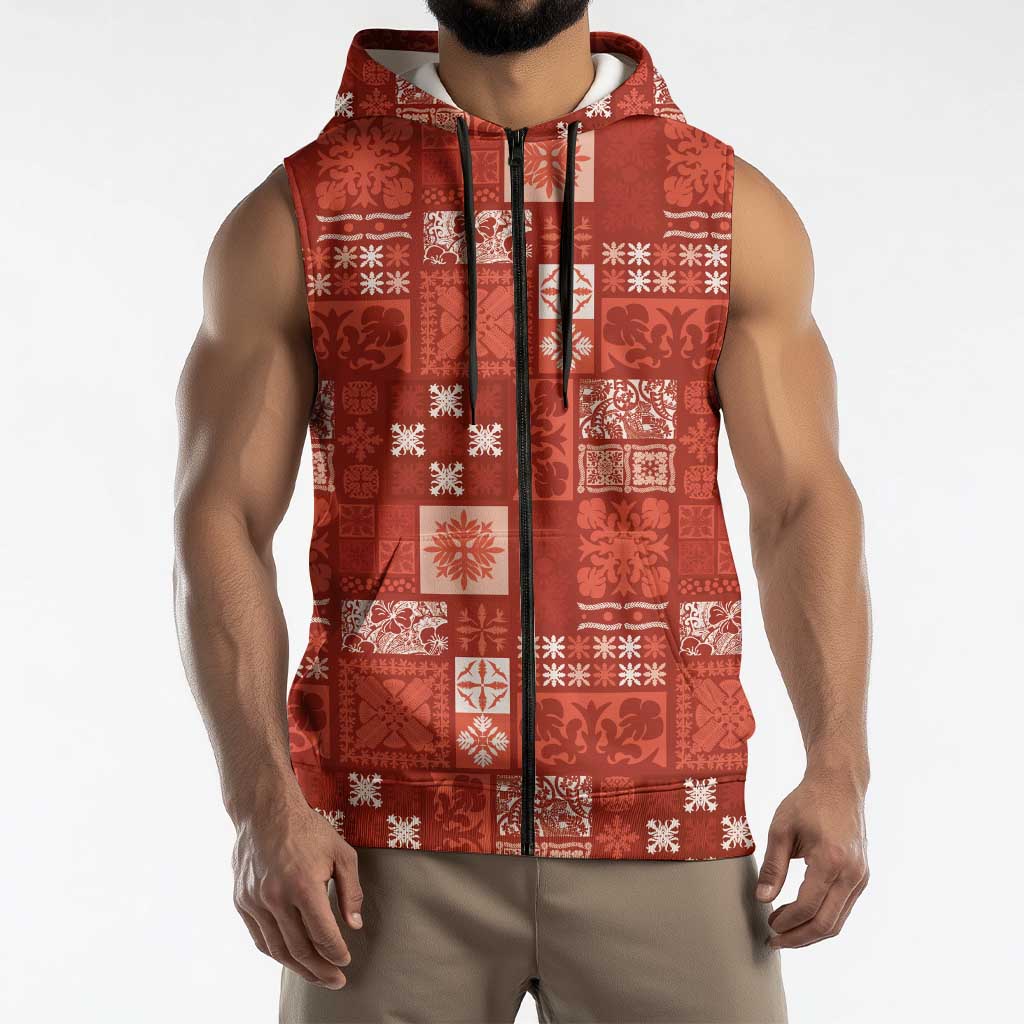 Vintage Hawaiian Quilting Patterns Sleeveless Zip Hoodie Red Style Tribal Fabric Patchwork - Polynesian Pride