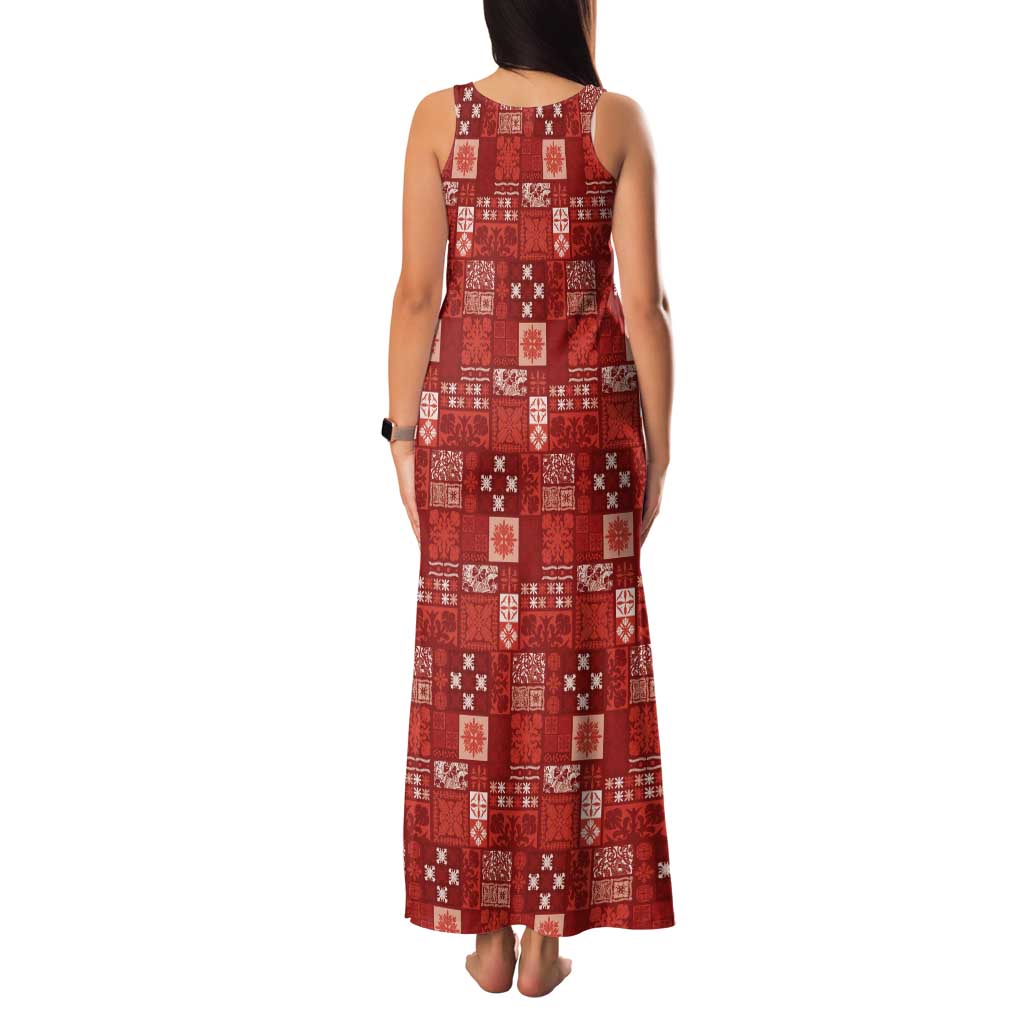 Vintage Hawaiian Quilting Patterns Tank Maxi Dress Red Style Tribal Fabric Patchwork - Polynesian Pride