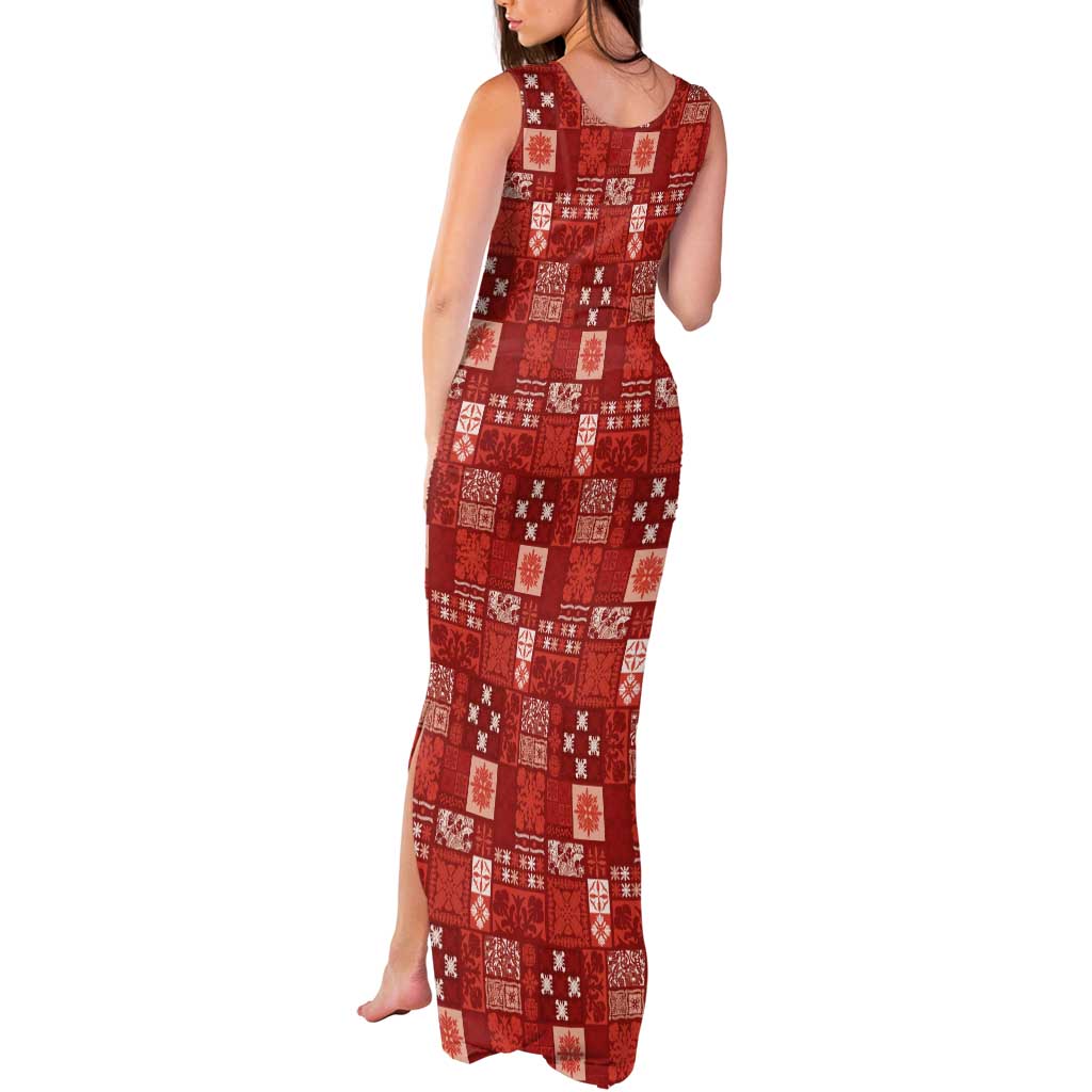 Vintage Hawaiian Quilting Patterns Tank Maxi Dress Red Style Tribal Fabric Patchwork - Polynesian Pride