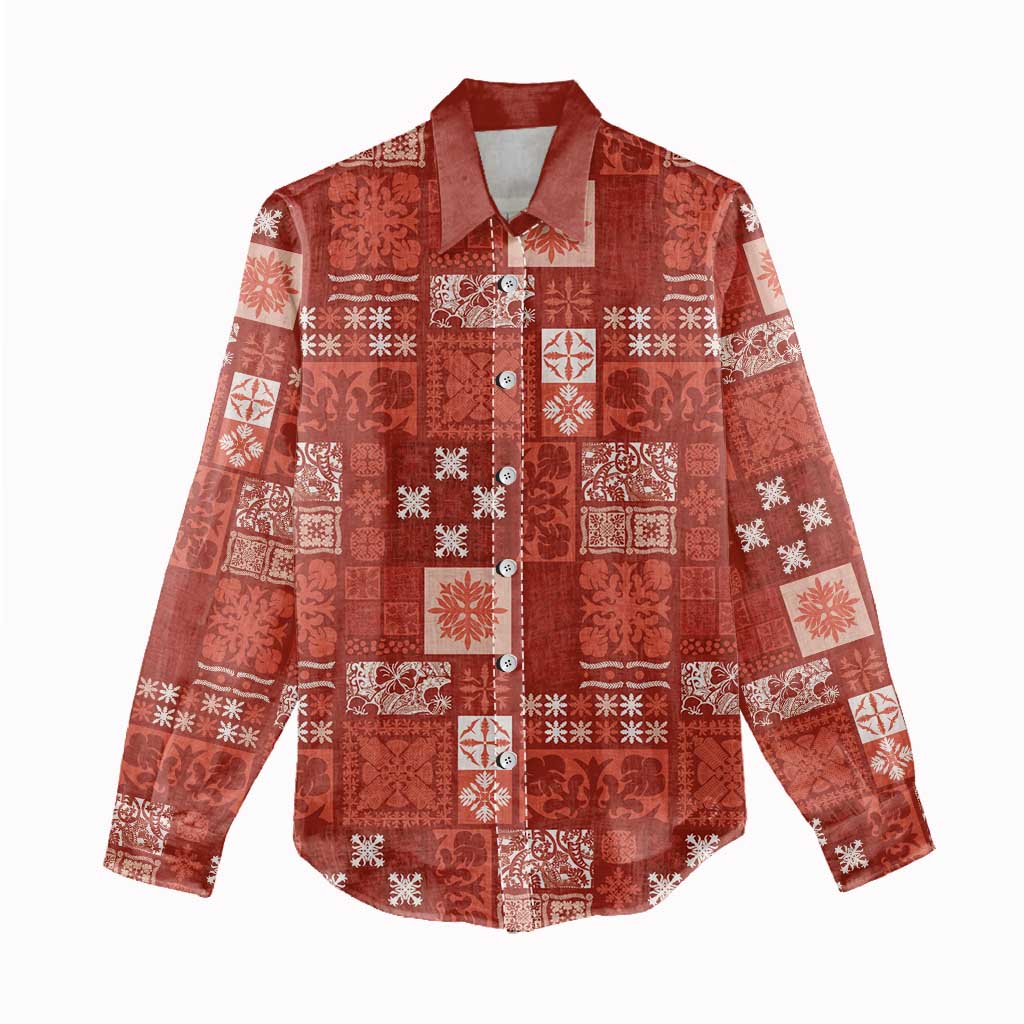 Vintage Hawaiian Quilting Patterns Women Casual Shirt Red Style Tribal Fabric Patchwork - Polynesian Pride