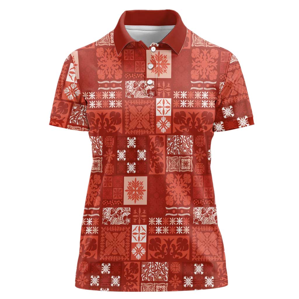 Vintage Hawaiian Quilting Patterns Women Polo Shirt Red Style Tribal Fabric Patchwork - Polynesian Pride