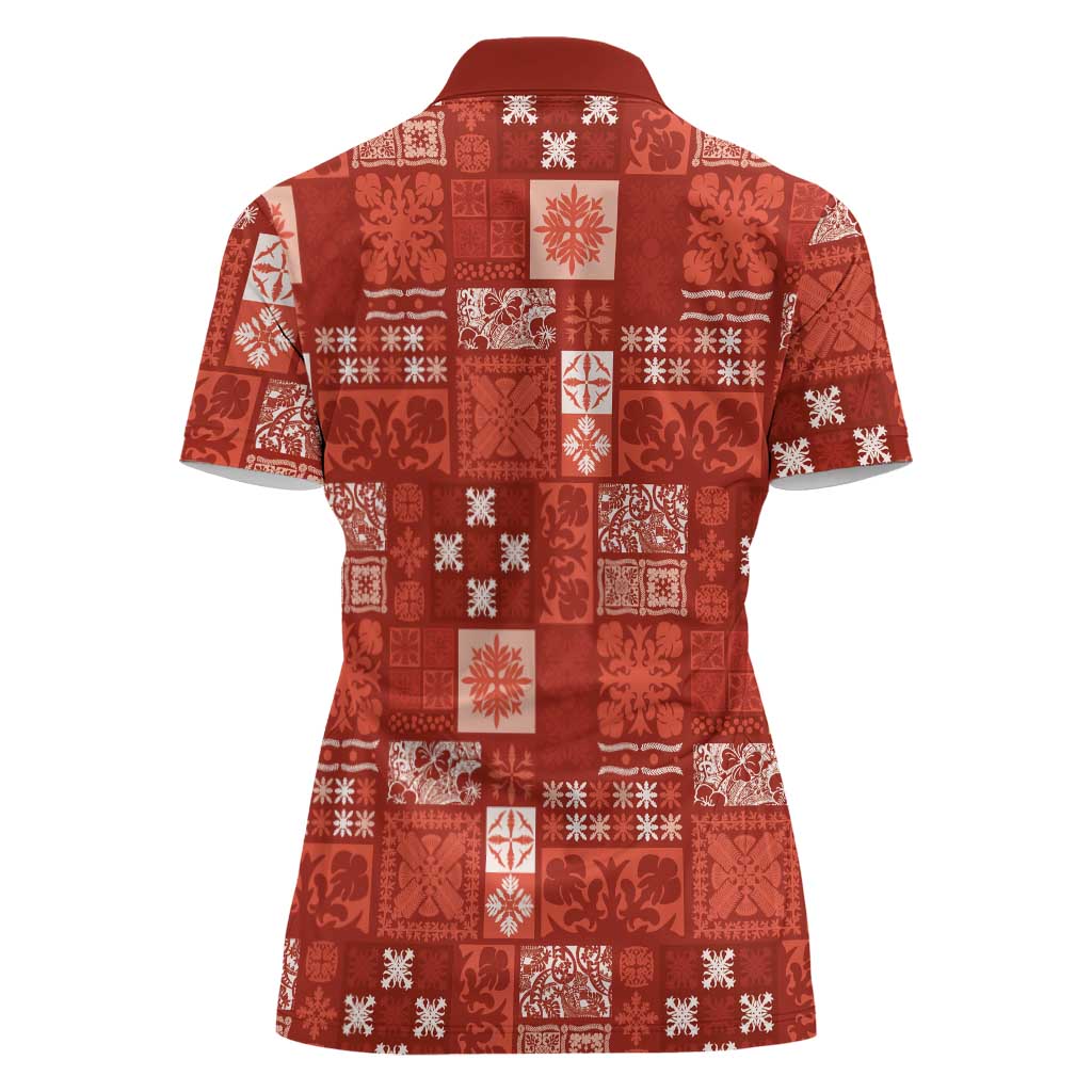 Vintage Hawaiian Quilting Patterns Women Polo Shirt Red Style Tribal Fabric Patchwork - Polynesian Pride