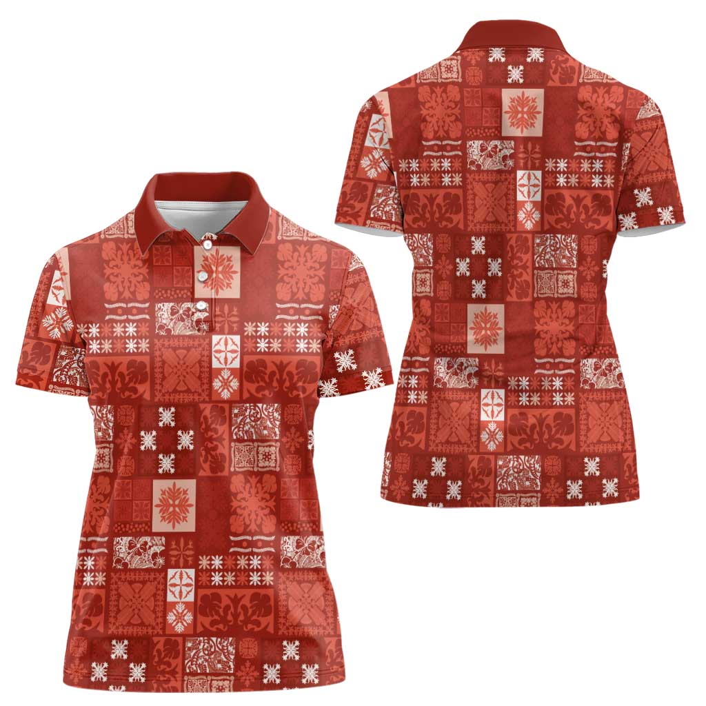 Vintage Hawaiian Quilting Patterns Women Polo Shirt Red Style Tribal Fabric Patchwork - Polynesian Pride