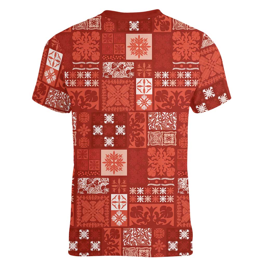 Vintage Hawaiian Quilting Patterns Women V-Neck T-Shirt Red Style Tribal Fabric Patchwork - Polynesian Pride