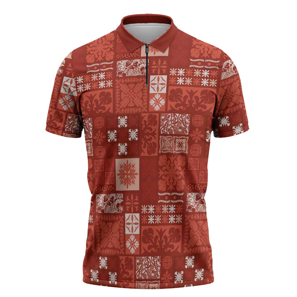 Vintage Hawaiian Quilting Patterns Zipper Polo Shirt Red Style Tribal Fabric Patchwork - Polynesian Pride