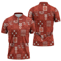 Vintage Hawaiian Quilting Patterns Zipper Polo Shirt Red Style Tribal Fabric Patchwork - Polynesian Pride