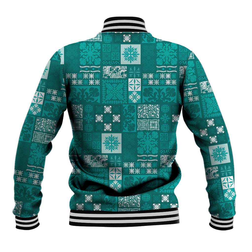 Vintage Hawaiian Quilting Patterns Baseball Jacket Turquoise Style Tribal Fabric Patchwork - Polynesian Pride