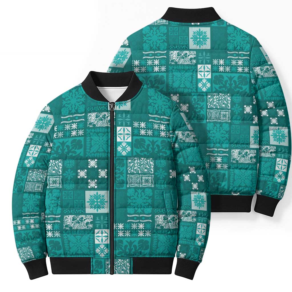 Vintage Hawaiian Quilting Patterns Bomber Puffer Jacket Turquoise Style Tribal Fabric Patchwork - Polynesian Pride