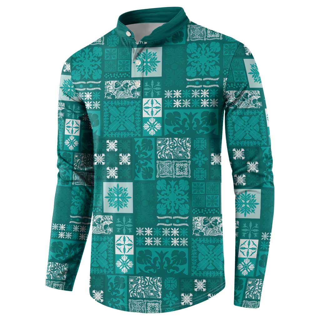 Vintage Hawaiian Quilting Patterns Button Sweatshirt Turquoise Style Tribal Fabric Patchwork - Polynesian Pride