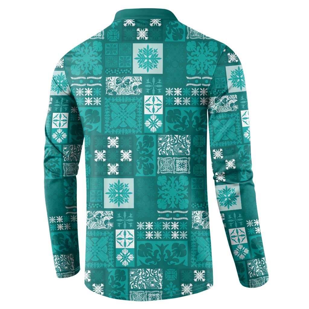 Vintage Hawaiian Quilting Patterns Button Sweatshirt Turquoise Style Tribal Fabric Patchwork - Polynesian Pride
