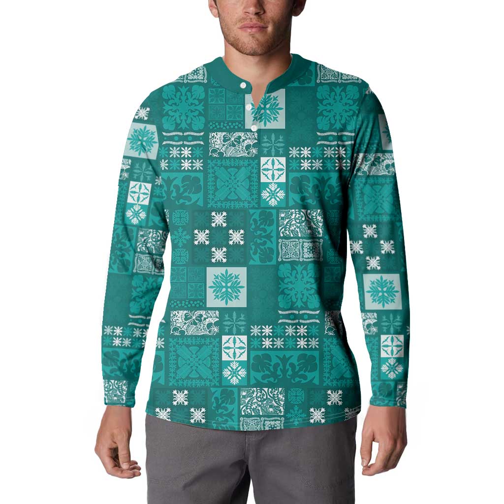 Vintage Hawaiian Quilting Patterns Button Sweatshirt Turquoise Style Tribal Fabric Patchwork - Polynesian Pride