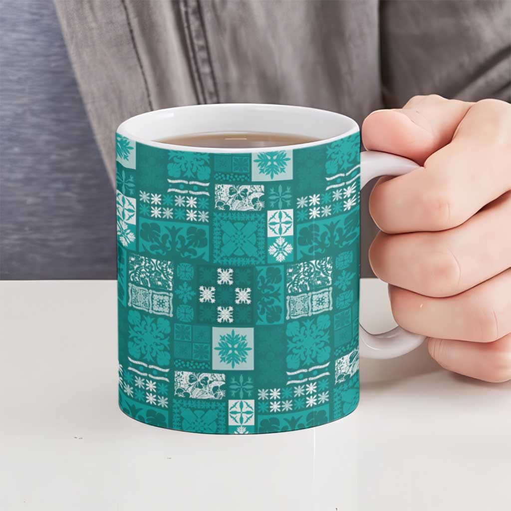 Vintage Hawaiian Quilting Patterns Ceramic Mug Turquoise Style Tribal Fabric Patchwork - Polynesian Pride