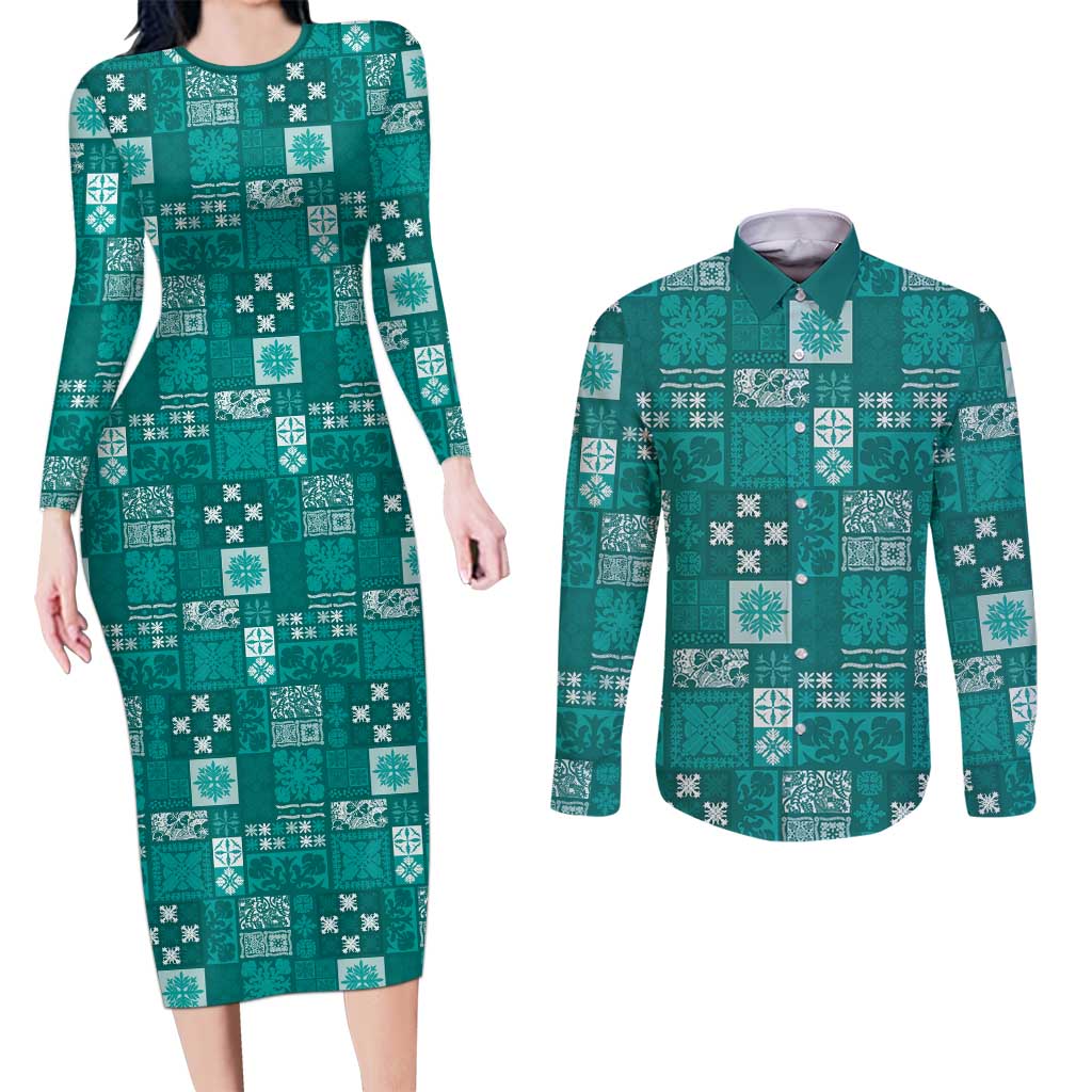 Vintage Hawaiian Quilting Patterns Couples Matching Long Sleeve Bodycon Dress and Long Sleeve Button Shirt Turquoise Style Tribal Fabric Patchwork - Polynesian Pride