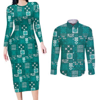 Vintage Hawaiian Quilting Patterns Couples Matching Long Sleeve Bodycon Dress and Long Sleeve Button Shirt Turquoise Style Tribal Fabric Patchwork - Polynesian Pride
