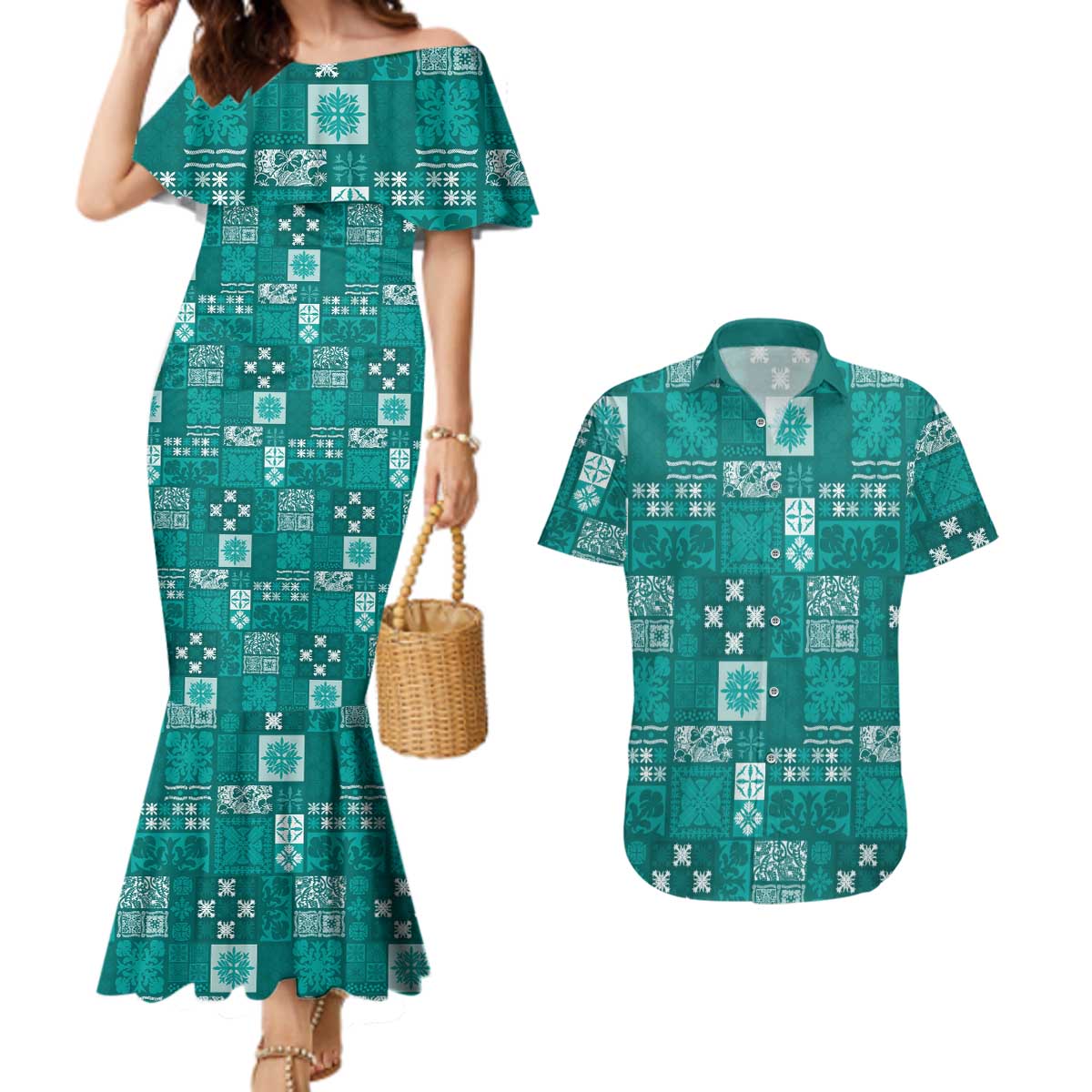 Vintage Hawaiian Quilting Patterns Couples Matching Mermaid Dress and Hawaiian Shirt Turquoise Style Tribal Fabric Patchwork - Polynesian Pride