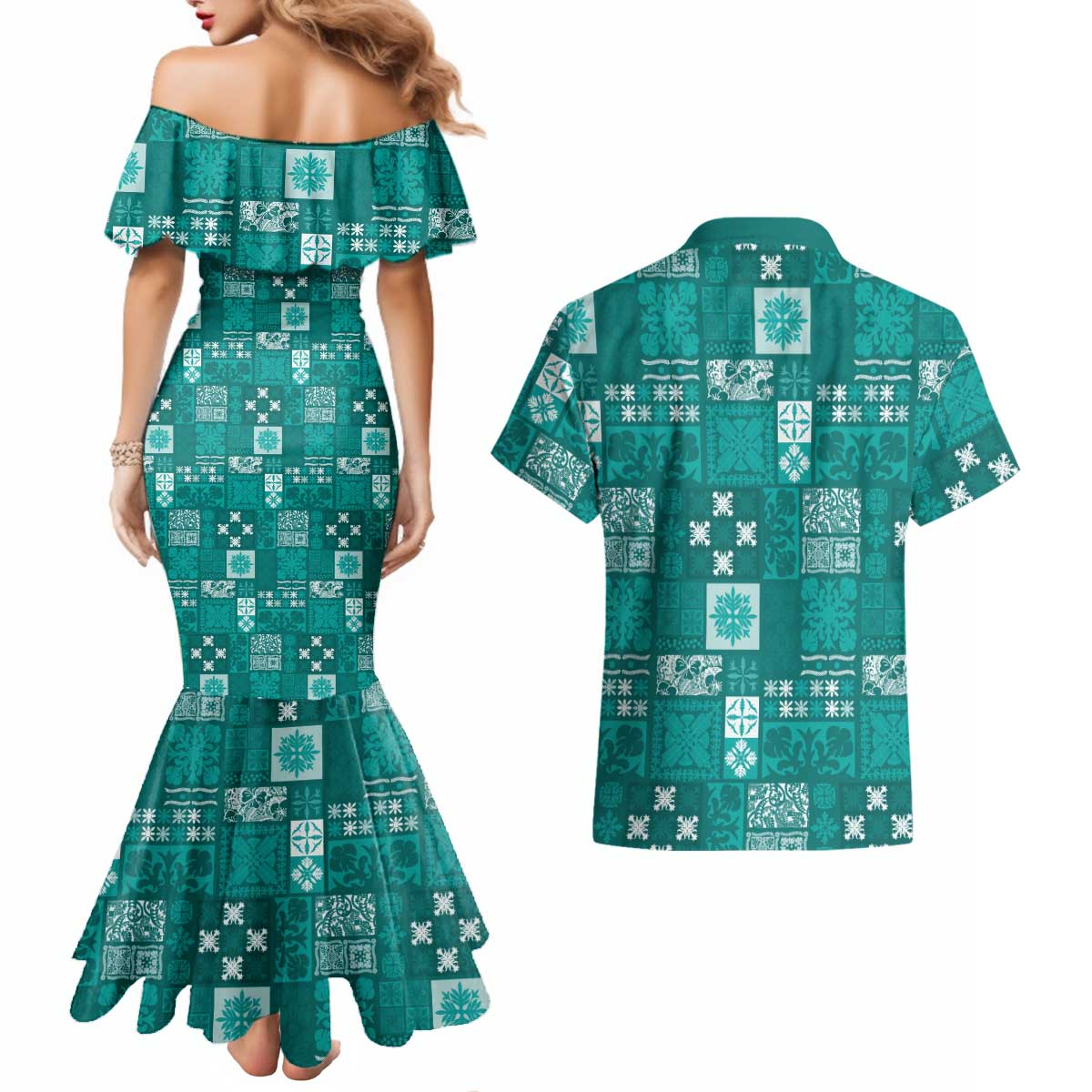 Vintage Hawaiian Quilting Patterns Couples Matching Mermaid Dress and Hawaiian Shirt Turquoise Style Tribal Fabric Patchwork - Polynesian Pride