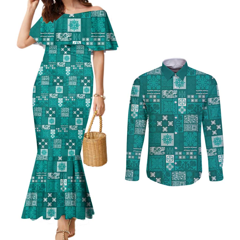 Vintage Hawaiian Quilting Patterns Couples Matching Mermaid Dress and Long Sleeve Button Shirt Turquoise Style Tribal Fabric Patchwork - Polynesian Pride