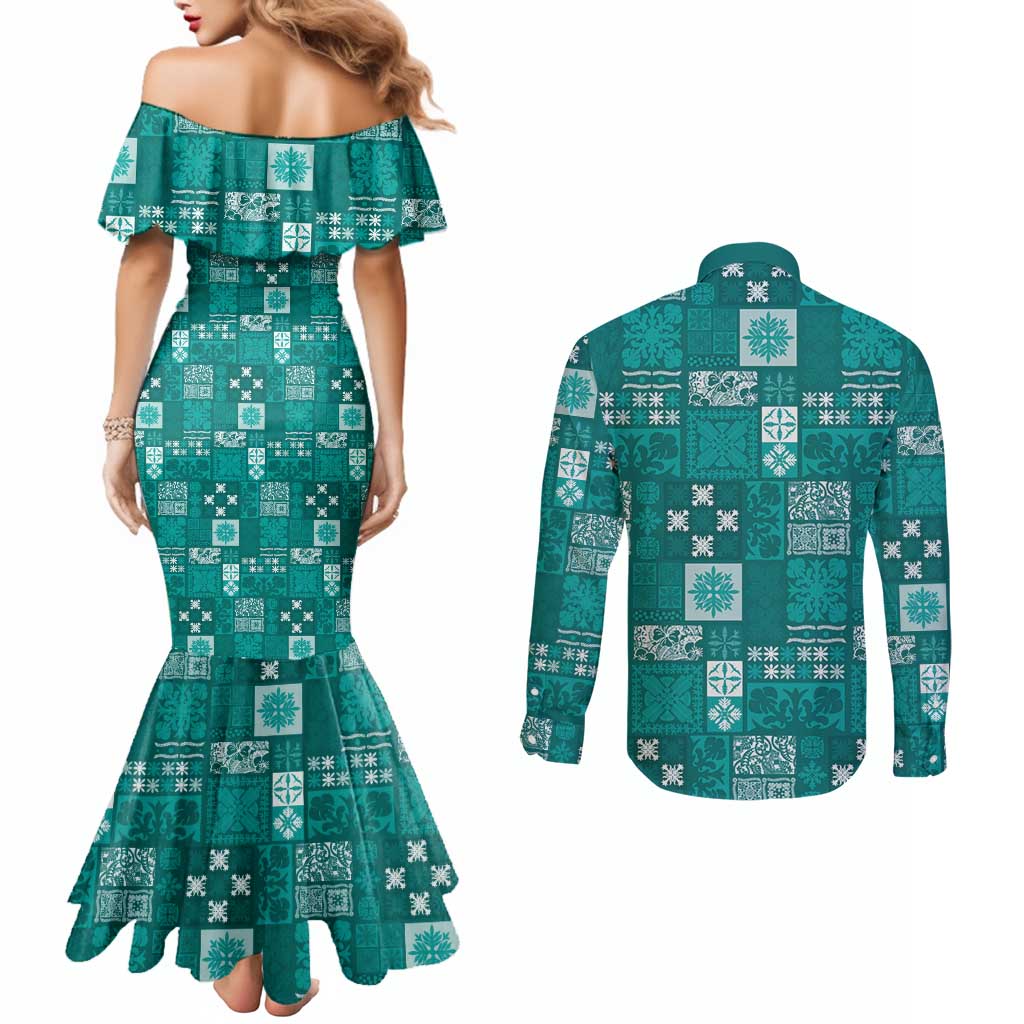 Vintage Hawaiian Quilting Patterns Couples Matching Mermaid Dress and Long Sleeve Button Shirt Turquoise Style Tribal Fabric Patchwork - Polynesian Pride