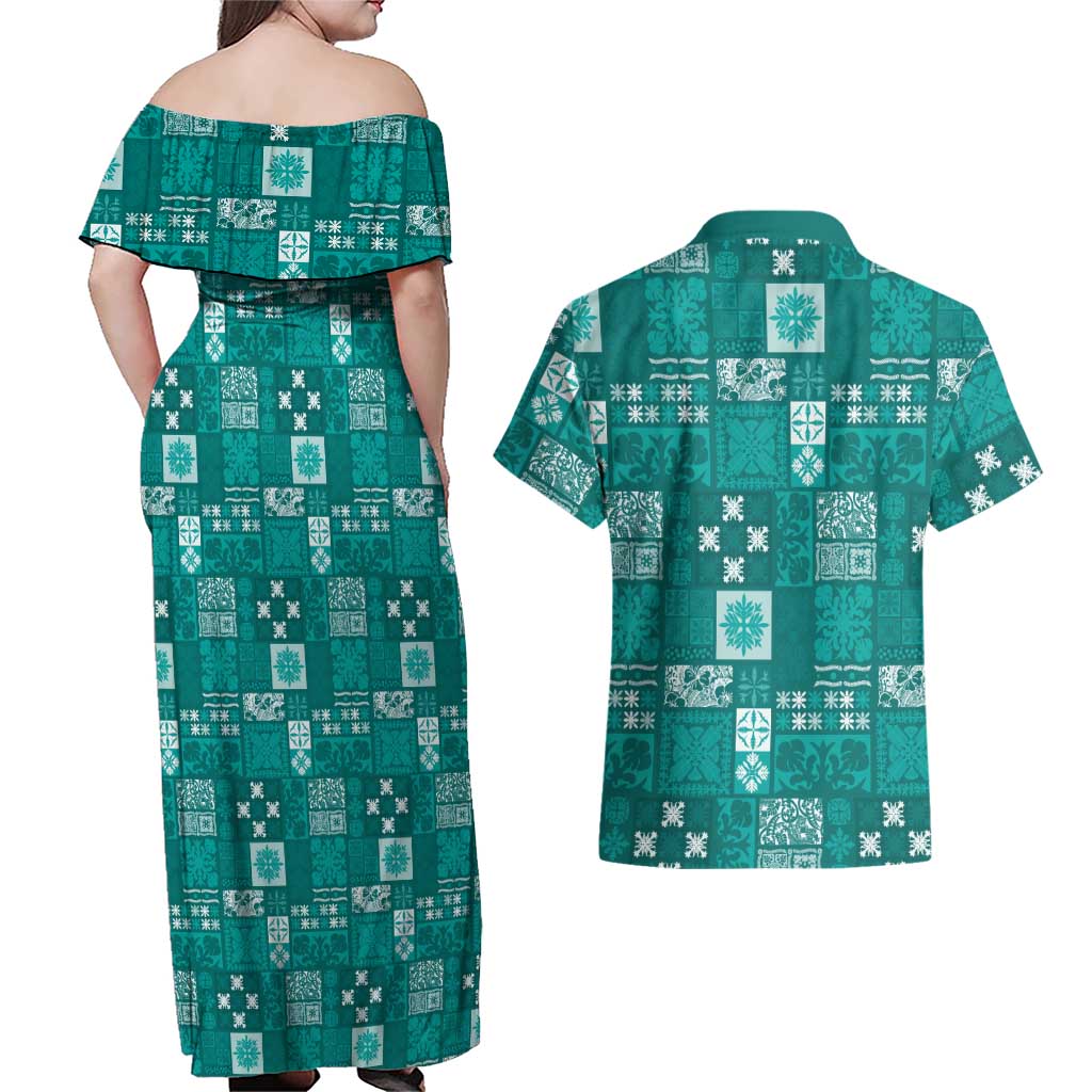 Vintage Hawaiian Quilting Patterns Couples Matching Off Shoulder Maxi Dress and Hawaiian Shirt Turquoise Style Tribal Fabric Patchwork - Polynesian Pride