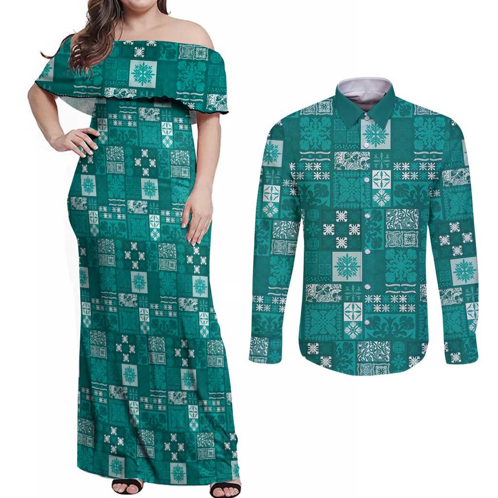 Vintage Hawaiian Quilting Patterns Couples Matching Off Shoulder Maxi Dress and Long Sleeve Button Shirt Turquoise Style Tribal Fabric Patchwork - Polynesian Pride
