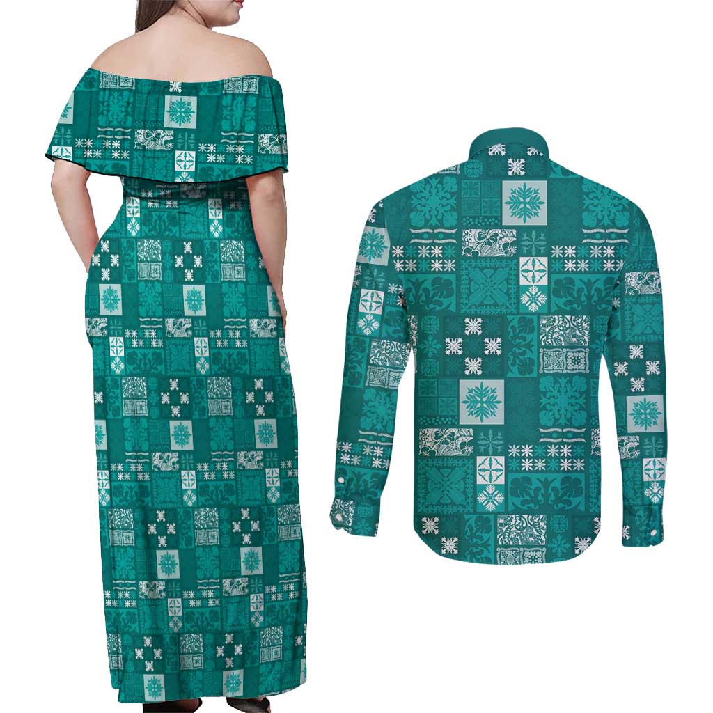 Vintage Hawaiian Quilting Patterns Couples Matching Off Shoulder Maxi Dress and Long Sleeve Button Shirt Turquoise Style Tribal Fabric Patchwork - Polynesian Pride