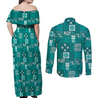 Vintage Hawaiian Quilting Patterns Couples Matching Off Shoulder Maxi Dress and Long Sleeve Button Shirt Turquoise Style Tribal Fabric Patchwork - Polynesian Pride
