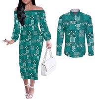 Vintage Hawaiian Quilting Patterns Couples Matching Off The Shoulder Long Sleeve Dress and Long Sleeve Button Shirt Turquoise Style Tribal Fabric Patchwork - Polynesian Pride
