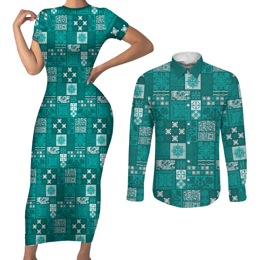 Vintage Hawaiian Quilting Patterns Couples Matching Short Sleeve Bodycon Dress and Long Sleeve Button Shirt Turquoise Style Tribal Fabric Patchwork - Polynesian Pride